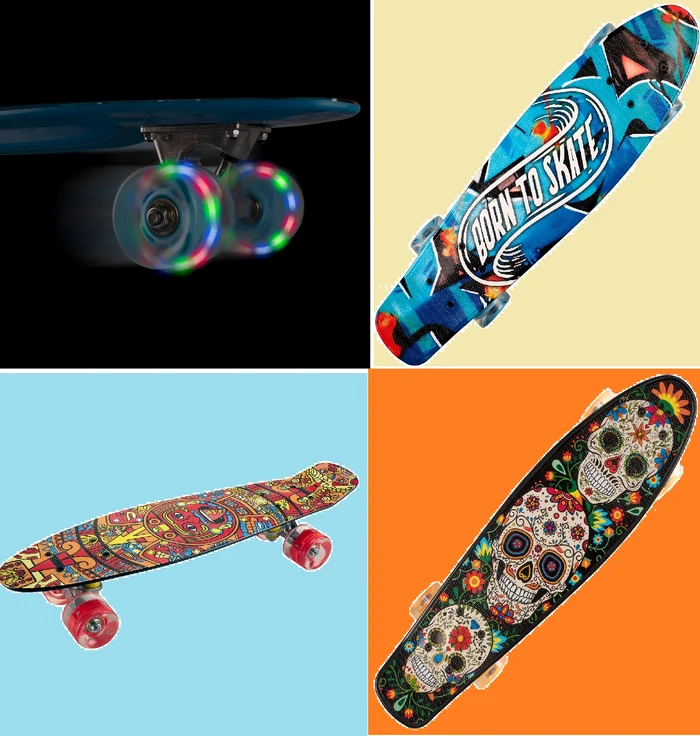 Colaj imagini de prezentare a skateboard-ului cu roți luminoase Penny Board 22'' Born to Skate/eMAG