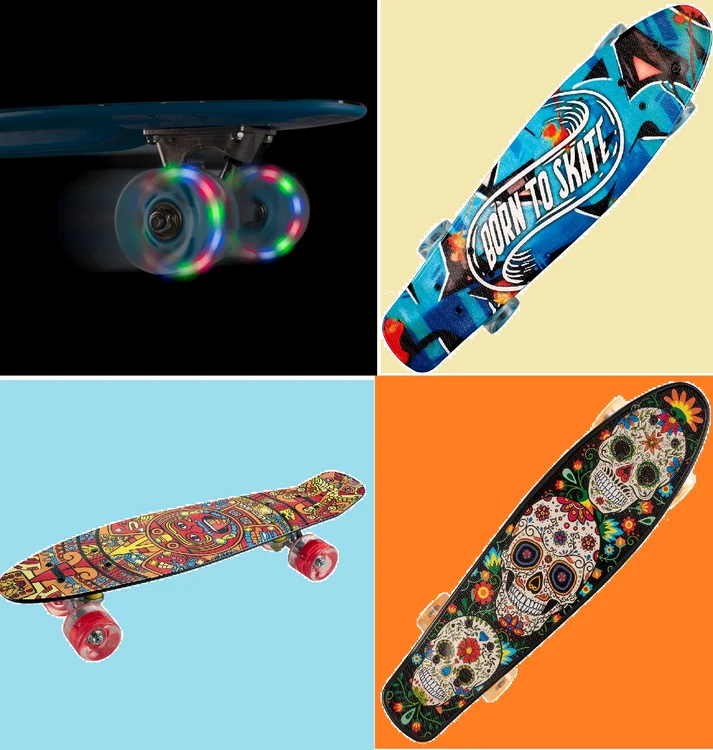 Colaj imagini de prezentare a skateboard-ului cu roți luminoase Penny Board 22'' Born to Skate/eMAG