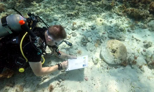 Echipa de scafandri a descoperit o piatră de șlefuit, care era folosită pentru a ascuți săbii. Arheologul marin Sean Kingsley documentează descoperirea (© Chris Atkins, Wreckwatch TV)