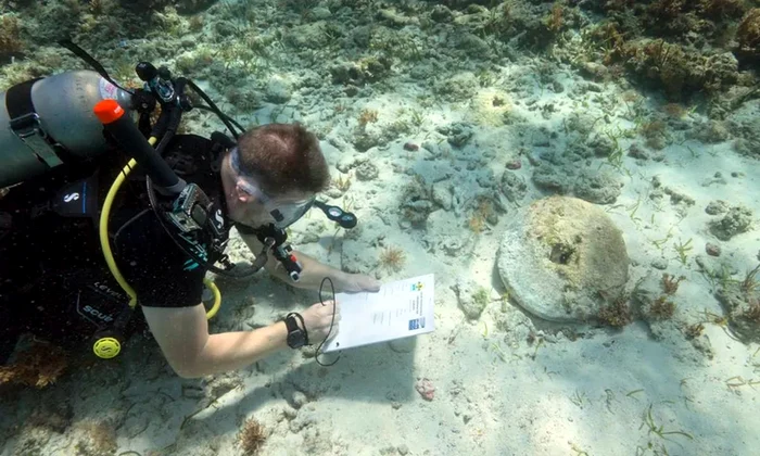 Echipa de scafandri a descoperit o piatră de șlefuit, care era folosită pentru a ascuți săbii. Arheologul marin Sean Kingsley documentează descoperirea (© Chris Atkins, Wreckwatch TV) 