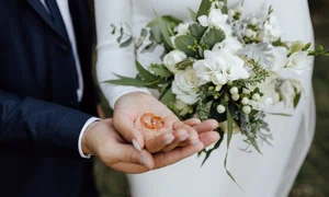 wedding bands hands bride groom with beautiful wedding bouquet made greenery white flowers jpg
