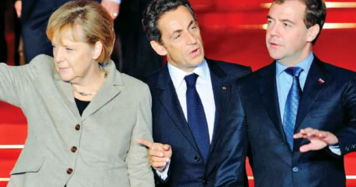 Angela Merkel, Nicolas Sarkozy şi Dmitri Medvedev 