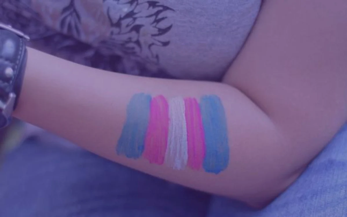 Imagine cu steagul transgender pictat pe braţul unei participante la un eveniment transgender, Asociaţia MozaiQ
