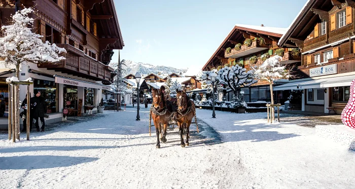Trăsură trasă de doi cai pe o stradă dintr-o stațiune de schi din Elveția