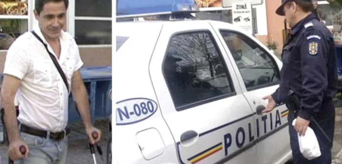 Ştefan Soare (stânga) şi jandarmul care se pregăteşte să urce în maşina parcată „pe interzis“