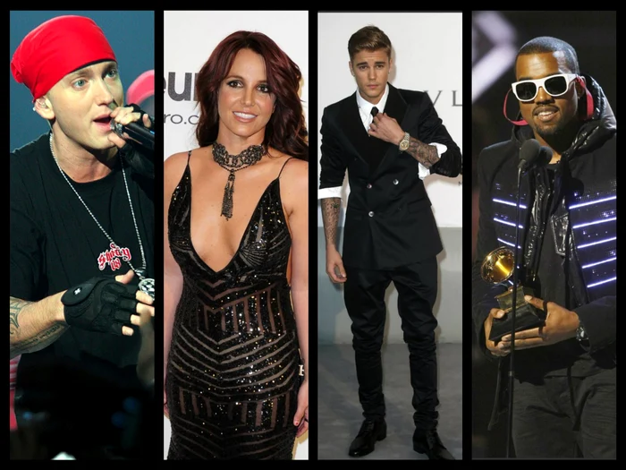 Eminem (stânga), Britney Spears, Justin Bieber şi Kanye West sunt doar câteva dintre vedetele care au debutat de mici în industria muzicală FOTO Wire Photos/ Reuters