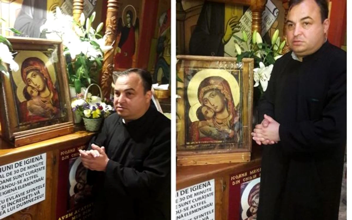 Pr Constantin Dumitrean şi Icoana Maicii Domnului aparţinând Sf Nichifor Leprosul dăruită de preoţi bulgari Bisericii Dealului din Sibiu Foto Cenaclul Lumina Lină