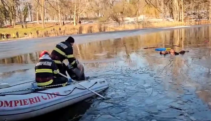 VIDEO Momente teribile în Parcul Nicolae Romanescu din Craiova: un copil a căzut în lac, tatăl fetiței a rămas blocat în gheață