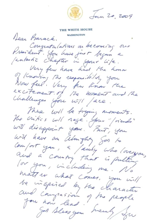 Scrisoarea lui George W. Bush către Barack Obama Foto georgewbushlibrary.gov