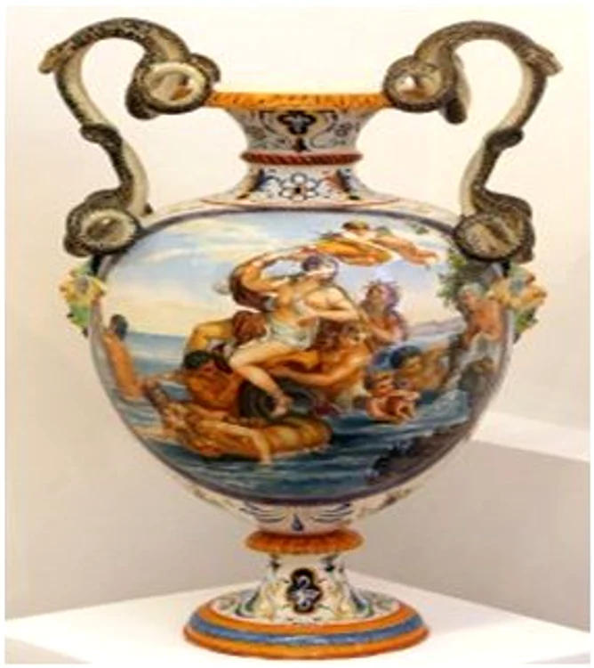 Amfora gigant cu
scena mitologica marina
Atelier Richard – Ginori,  Forenta,  Italia
Faianta pictata,  4/4 sec. XIX