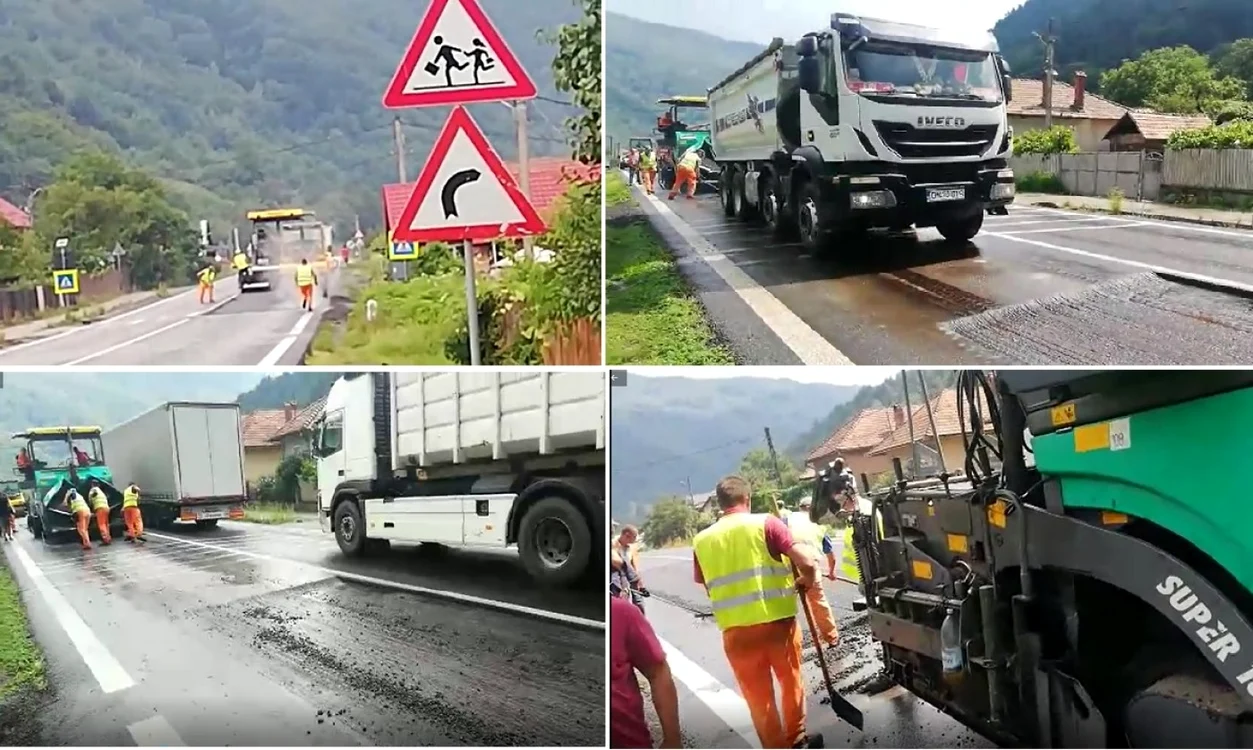 Asfaltări pe timp de ploaie, pe Valea Oltului, în Robeşti - Câineni, judeţul Vâlcea, pe DN 7 / E 81; Foto colaj