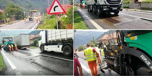 Asfaltări pe timp de ploaie pe Valea Oltului în Robeşti - Câineni din judeţul Vâlcea pe DN7-E81 Foto colaj