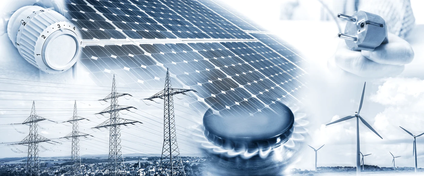 Colaj foto cu fotovoltaice, stâlpi de înaltă tensiune și flacăra unui aragaz