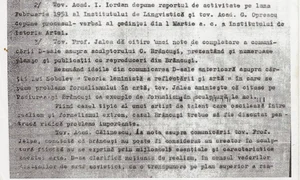 Prima pagina a procesului verbal al rușinoasei ședințe a Academiei, din 7 martie 1951, când s a decis respingerea operelor brâncușiene jpeg