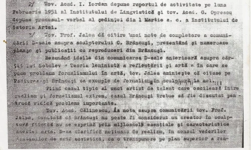 Prima pagina a procesului verbal al rușinoasei ședințe a Academiei, din 7 martie 1951, când s a decis respingerea operelor brâncușiene jpeg