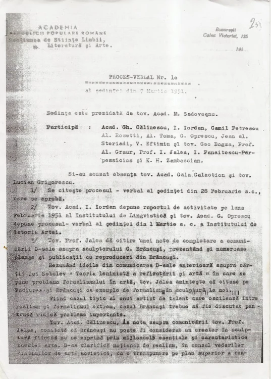 Prima pagina a procesului-verbal al rușinoasei ședințe a Academiei, din 7 martie 1951, când s-a decis respingerea operelor brâncușiene