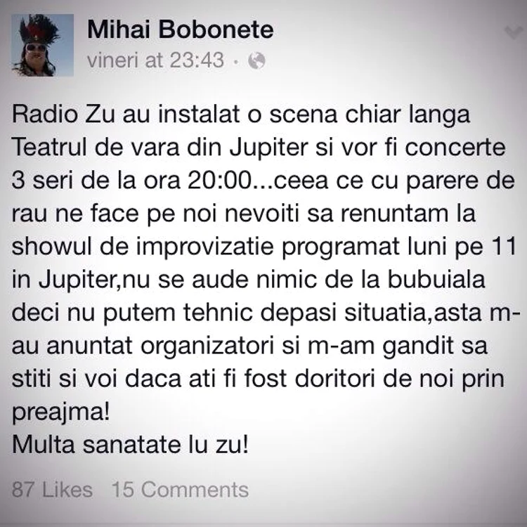 Bobonete şi-a anunţat fanii că spectacolul lui se amână din cauza celor de la Radio ZU