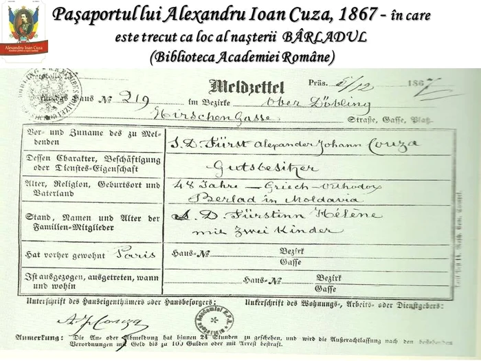 Formular de înregistrare pentru Alexandru Ioan Cuza, în care Bârladul este trecut ca loc de naștere