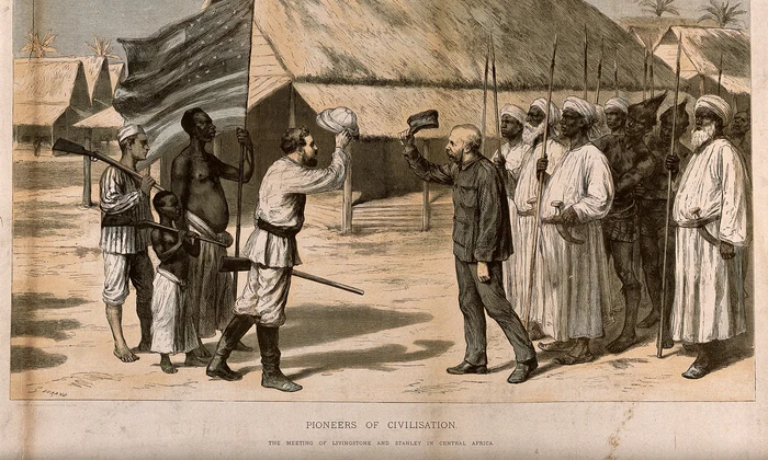 The meeting between David Livingstone and Henry Morton Stanl Wellcome V0018829 jpg