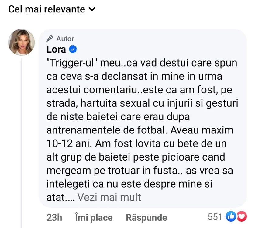 Lora, victima hărțuirii sexuale / foto: Facebook