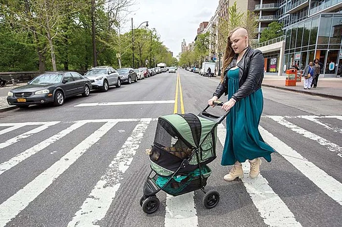 Îl traversează strada în cărucior