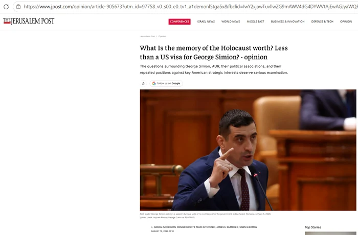Articolul publicat de Jerusalem Post: FOTO captură de ecran Jerusalem Post