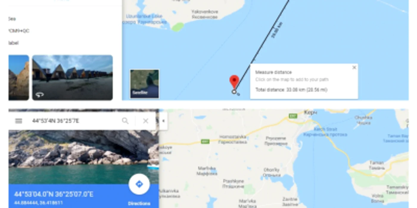 Localizarea pe Google Maps a canonierei ucrainene „Berdyansk“ conform coordonatelor iniţiale furnizate de FSB pe 26 noiembrie 2018