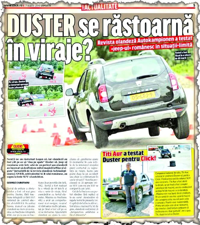 SUV-ul românesc a ieşit cel mai prost la un test de siguranţă realizat de o  publicaţie din Franţa. „Duster 4x2  frânează greu, iar cel 4x4 şi mai greu”,  au spus francezii