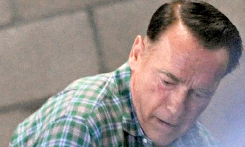 Arnold îşi etalează  mândru, într o parcare din L A, părul negru,  proaspăt vopsit (Fotografii: Guliver/Splashnews) jpeg
