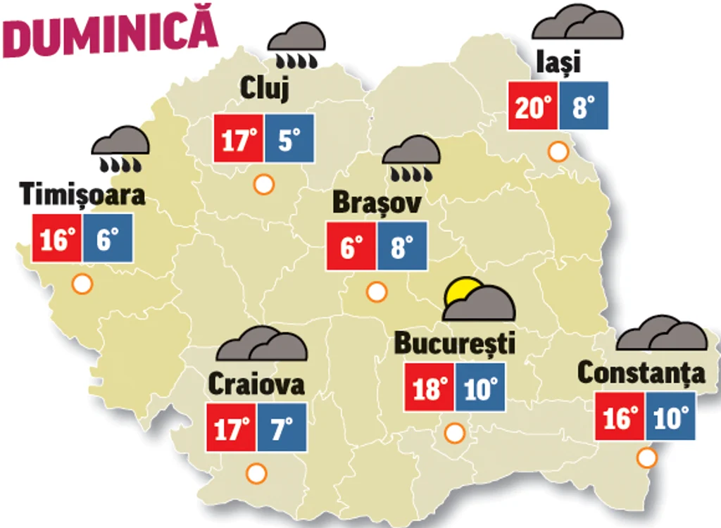 Astăzi se anunță cer acoperit în toată țara, iar spre seară va ploua în unele regiuni, mai ales în cele înalte
