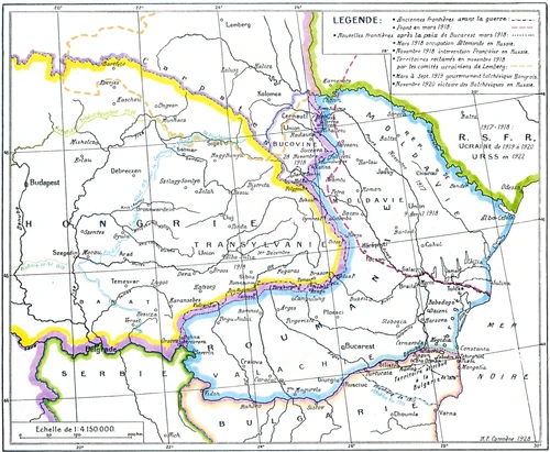 Hartă din Atlasul Pământului românesc de-a lungul vremilor de N.P. Comnenul, 1920: România la Tratatul de la Bucureşti (cu albastru); la sud-vest de linia roşie, zona ocupată de Puterile Centrale