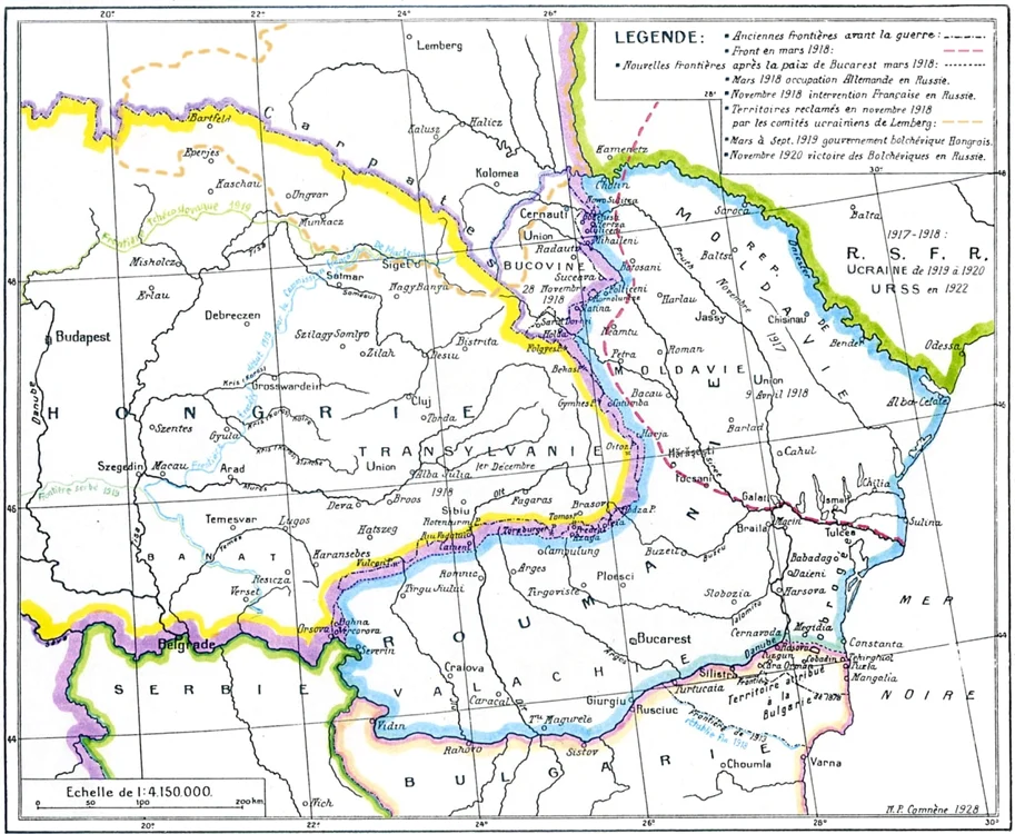 Hartă din Atlasul Pământului românesc de-a lungul vremilor de N.P. Comnenul, 1920: România la Tratatul de la Bucureşti (cu albastru); la sud-vest de linia roşie, zona ocupată de Puterile Centrale