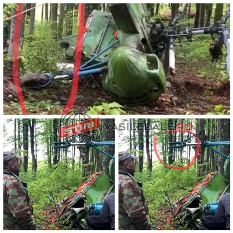 Așa arată epava după ce jandarmii au plecat de la fața locului. Roțile elicopterului au fost furatefoto: captura vasiledale.ro