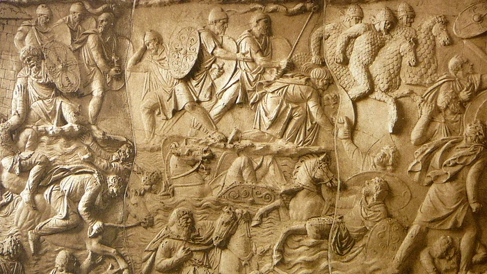 Daci, înfățișați trecând Dunărea, pe Columna lui Traian. Sursa: Conrad Cichorius. Wikipedia 