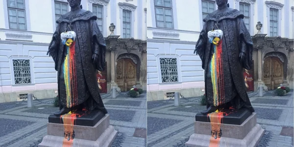 Statuia lui Samuel von Brukenthal din Sibiu vandalizată cu vopsea Foto Adevărul