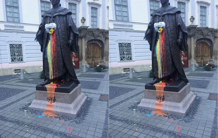 Statuia lui Samuel von Brukenthal din Sibiu vandalizată cu vopsea Foto Adevărul