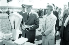 Soţii Ceauşescu în vizită la CAP Movileni, judeţul Iaşi, în 1989, cântărind un ştiulete-record