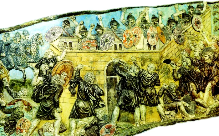 policromia bandinelli scena XXXII Dacii ii ataca pe romanii refugiati intr o cetate jpg jpeg