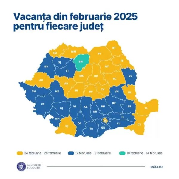 Harta vacanței din februarie 2025, pe județe. Când intră elevii din București în libere
