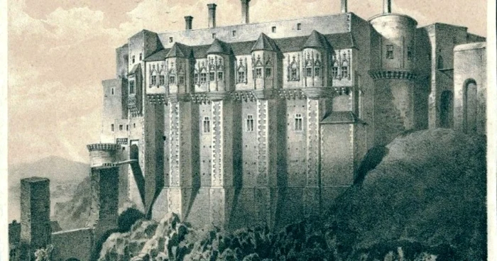 Castelul Corvinilor, în secolul al XIX-lea, după incendiul din 1854. GRAVURĂ.