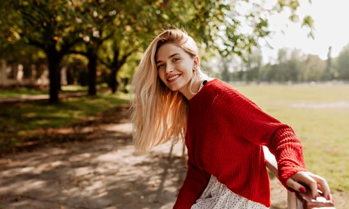 smiling blonde woman laughing street cheerfully lovely young lady feeling happy autumn park jpg