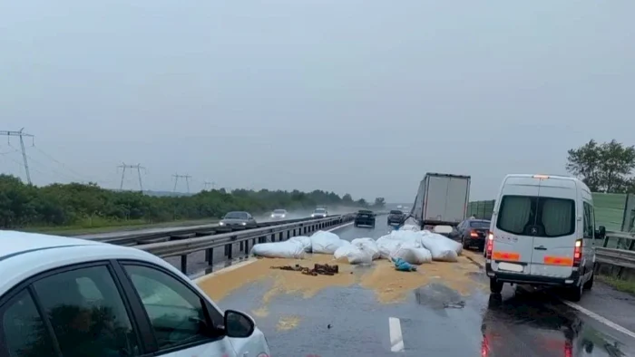 Trafic îngreunat pe A1 București-Pitești: Mai mulți saci cu cereale au căzut dintr-un camion în mers, blocând parțial circulația