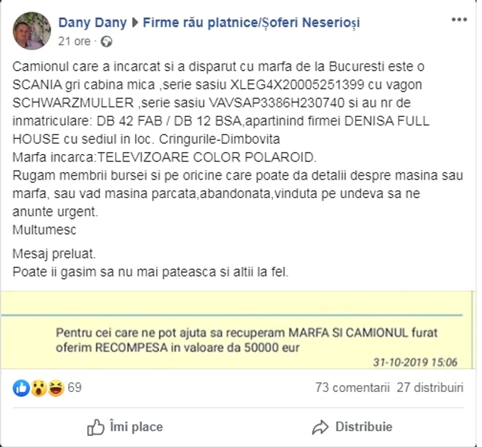Anunțul postat pe Facebook