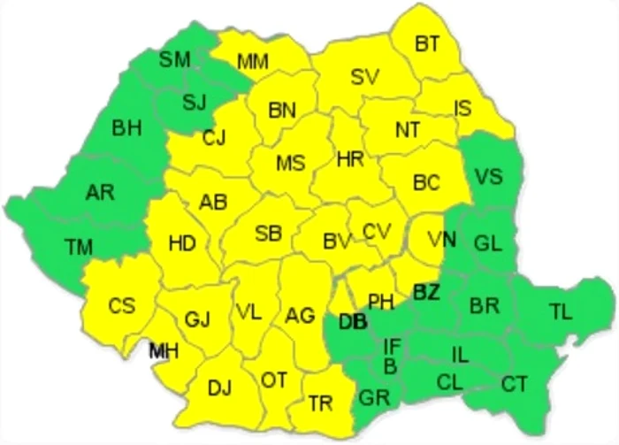 Judeţele aflate sub avertizare de ploi torenţiale (foto: meteoromania.ro)