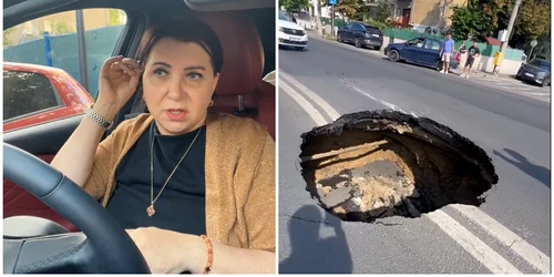 Carmen Șerban a căzut cu mașina în craterul de pe Bulevardul Eroilor: „Am crezut că mi s-a zdrobit mașina” FOTO captura vid Facebook