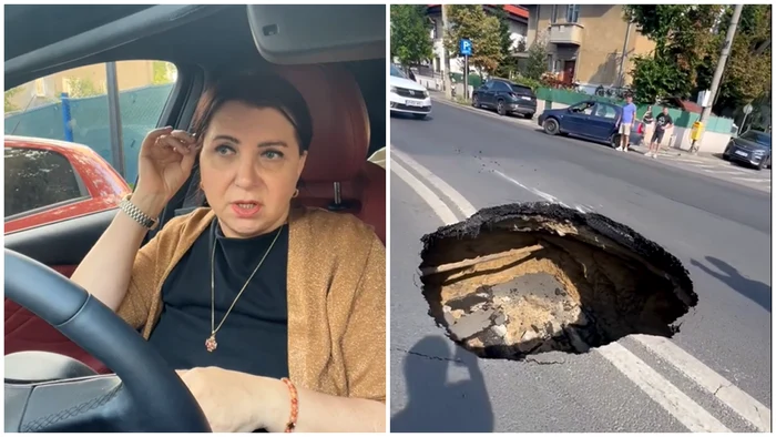 Carmen Șerban și-a avariat mașina în surparea de pe Eroilor. FOTO: captura video Facebook
