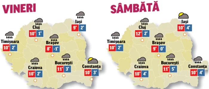 Prognoza meteo pentru următoarele două zile anunță precipitații și vânt în toată țara