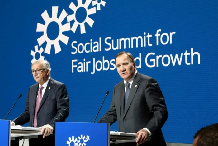 Jean-Claude Juncker (stânga) şi Stefan Lofven la summitul social de la Goteborg, Suedia FOTO AFP/ Getty Images