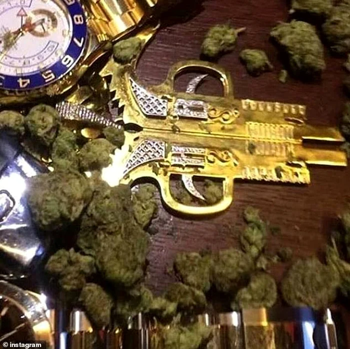 Simbolul bandei realizat din aur, înconjurat de muguri de marijuana