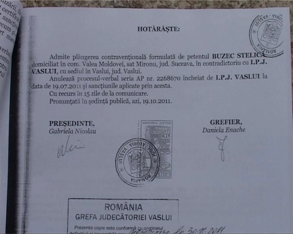 Hotărârea emisă de Judecătoria Vaslui